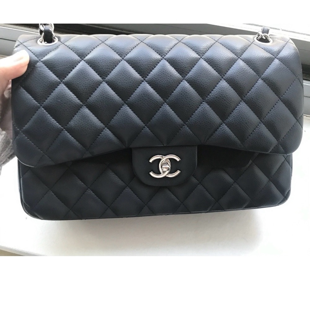 Chanel Jumbo Dark Blue Double Flap Quilted Shoulder Bag with Silver Hardware